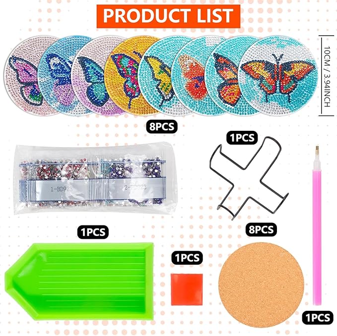 Butterfly Diamond Art Coasters Kit for Adults, 8PCS DIY Diamond Painting Craft Set with Holder, Gem Art Mosaic Coasters, Diamond Dotz Kit, Arts and Crafts Gift for Women & Teens