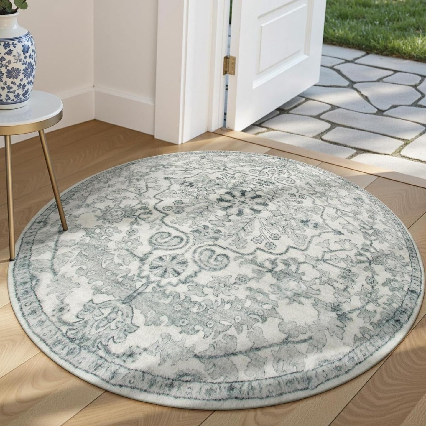 Lahome Bohemian Round Area Rugs, Washable Small Round Rug 3ft Soft Non-Slip Circle Rugs for Entryway, Low Pile Non-Shedding Print Indoor Carpet for Kitchen Laundry Bathroom, Beige