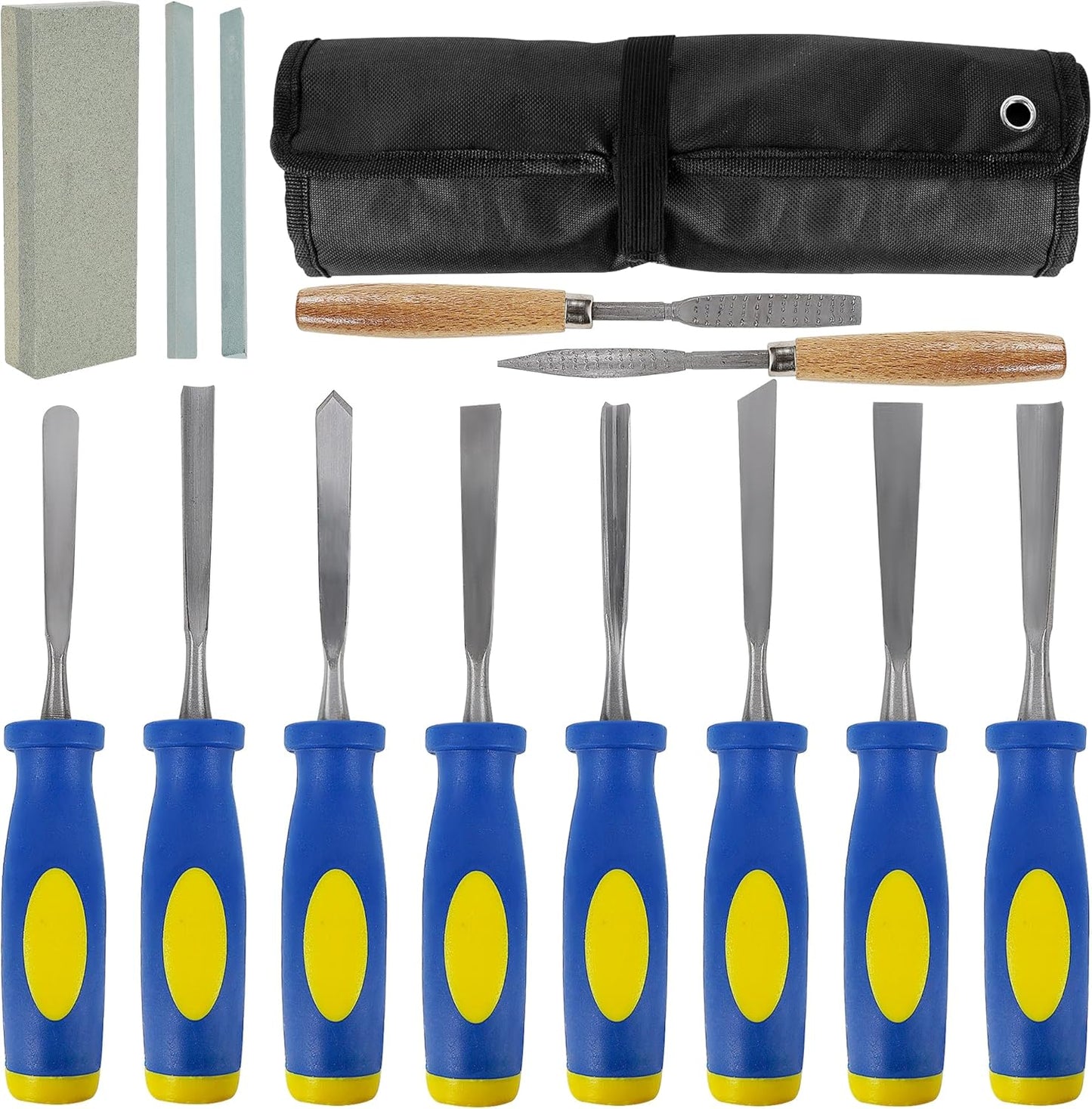 Lulu Home 13 PCS Wood Chisel with Canvas Bag, Wood Carving Tool Set Including Steel Beveled Chisel Tools with Rubber Handles, Rasps and Sharpening Stones for Woodworking