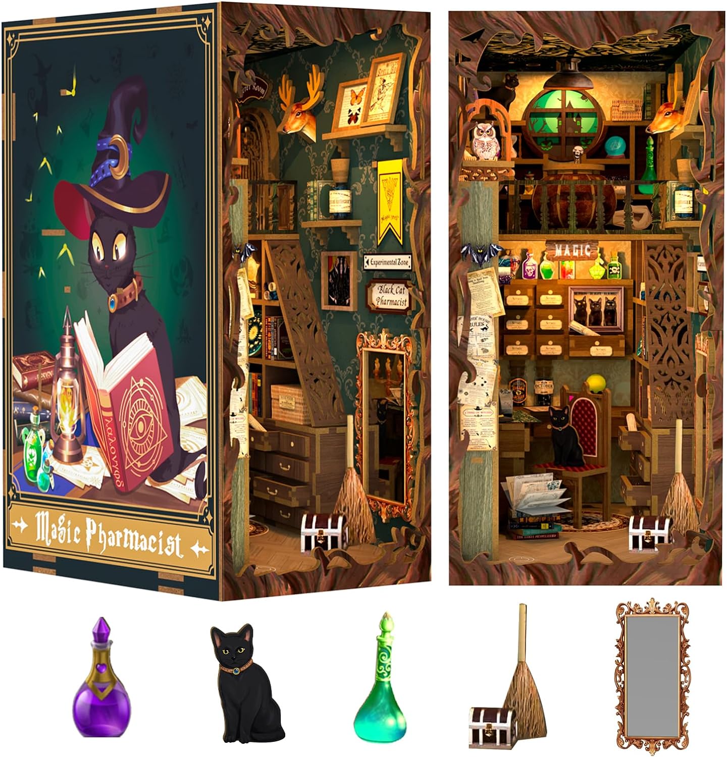 Fsolis Book Nook Kit, DIY Miniature Dollhouse Kit, 3D Wooden Puzzle for Adults, 282 Pieces, Bookshelf Decor Tiny House Mini Booknook Craft, Gifts for Women Teens and Puzzle Lovers (Magic Pharmacist)