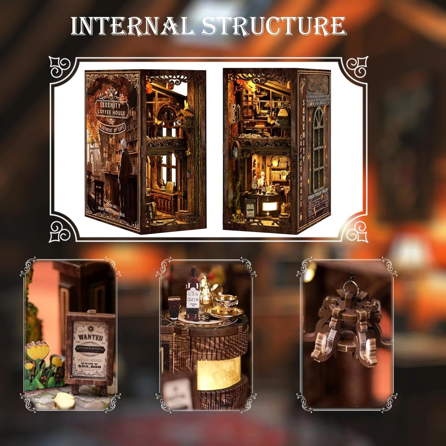 DIY Book Nook Kit 3D Puzzles for Adults Miniature House Kit Wooden Bookends Booknook Bookshelf Insert Decor with LED Lights Wood Crafts Gifts for Book Lovers - Serenity Coffee House