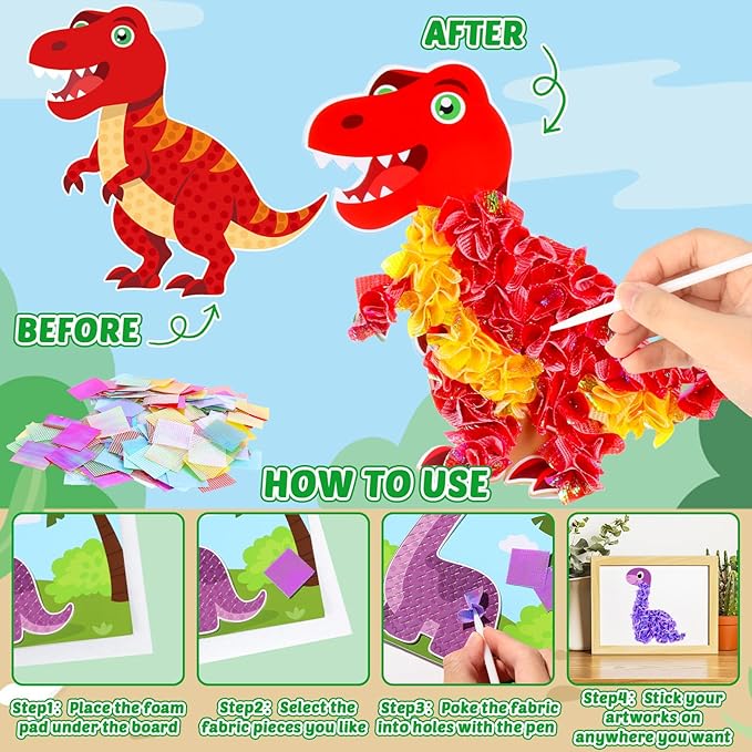 8PCS Poke-in Craft and Art Kit Dinosaur Theme No-Mess Fabric Sewing Art Fabric Puzzle Puncture Painting Dino Toy Gifts for Creative Activity Game Birthday Party
