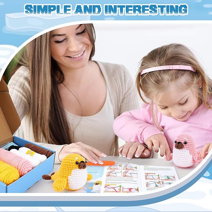 Fortuning's JDS Crochet Kit for Beginners - Seal Crochet Kits with Step-by-Step Video Tutorials, Beginner Crochet Kit for Adults Kids, Crochet Animal Kit, 2 PCS Seals with a Fish Crocheting Set