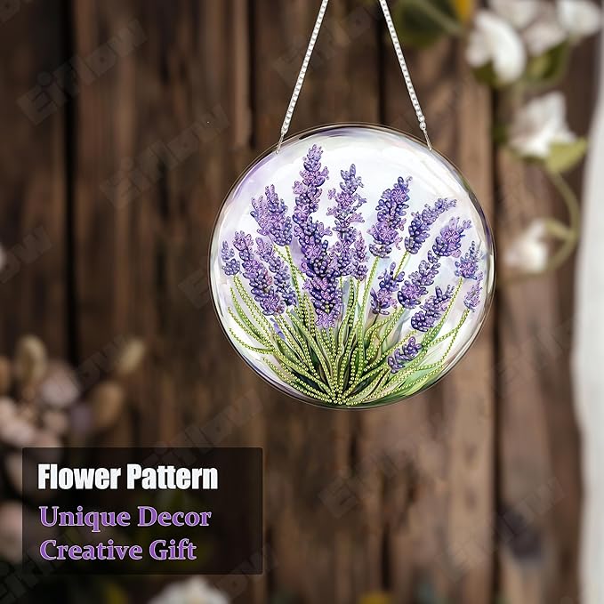 Eiflow Hanging Diamond Art Kit for Adults Lavender, Acrylic Diamonds Painting Board Kit Purple Flower, DIY Gem Art Pendant Ornament