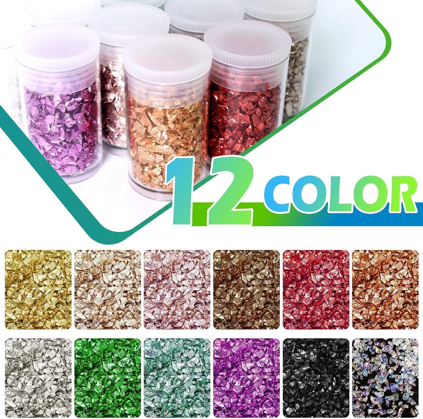 Matio 12 Colors Crushed Glass Irregular Glitter, 4.23oz/ 120g Crushed Broken Glass Sprinkle Chips for Resin Epoxy Jewelry DIY,Shattered Crystal Flakes Sequins for Nail Art Decor Phone Case Vase Filler