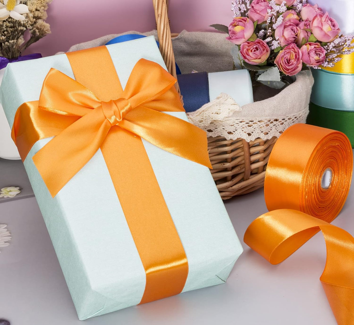 1 1/2 Inch Orange Solid Satin Ribbon, 50 Yards Craft Fabric Ribbon for Gift Wrapping Floral Bouquets Wedding Party Decoration