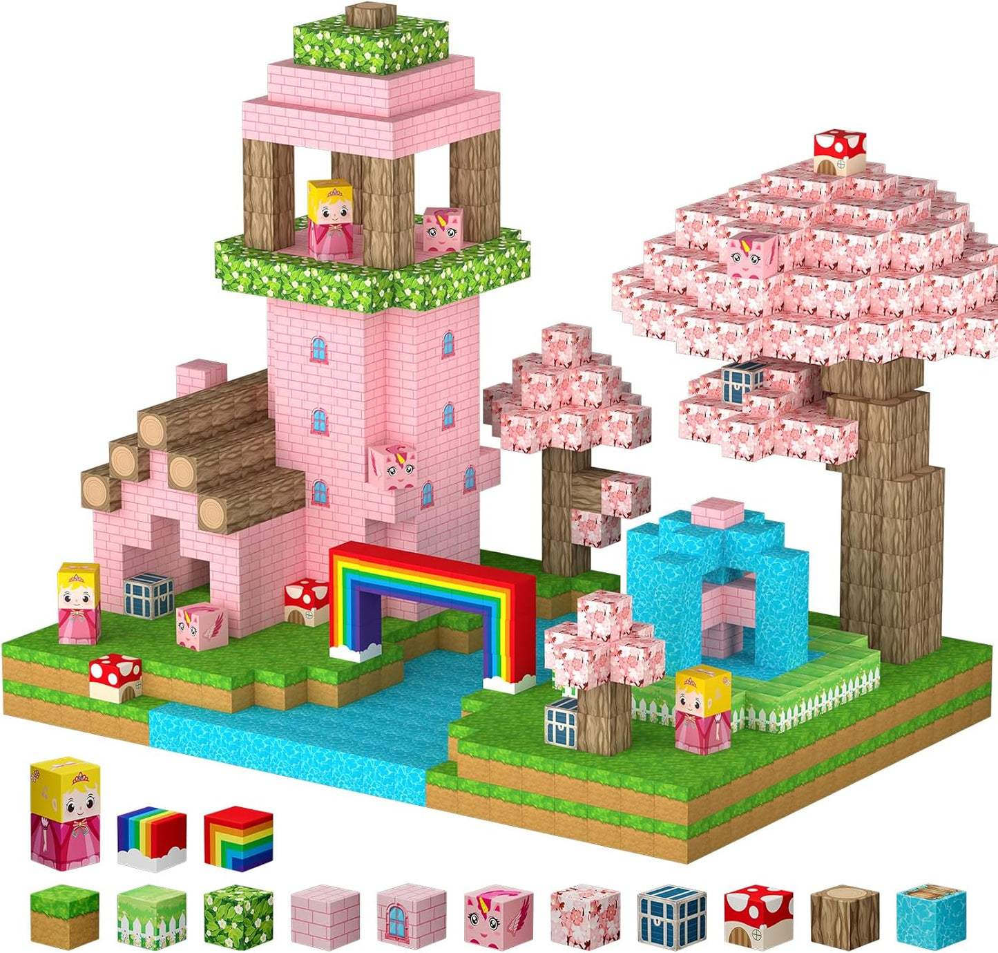 100PCS Magnetic Blocks - Princess Castle Building Forest World Set, STEM Sensory Gifts for Princess, Creative Kids Games, Building Toys for 3+ Years Old Girls, Magnets Game for Toddler (Pink)