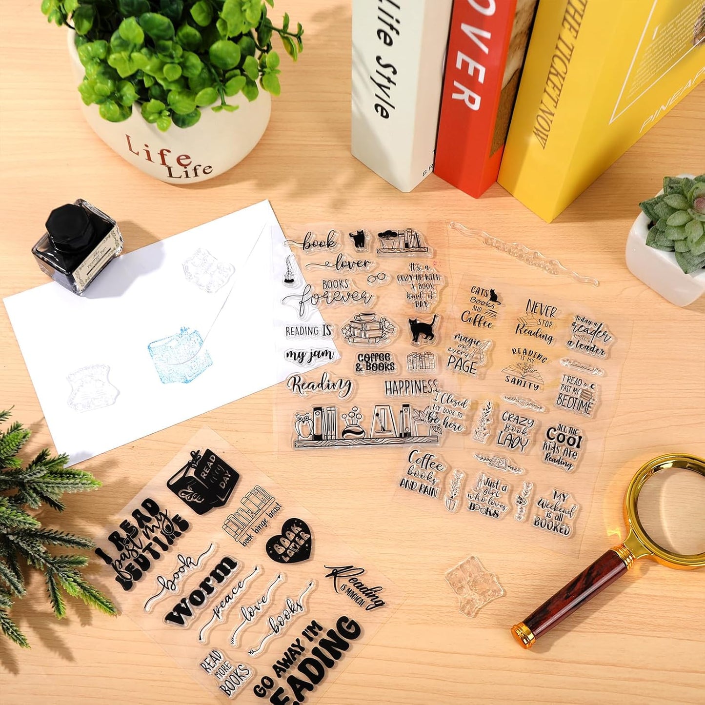 Whaline 4 Sheets Reading Words Clear Stamps Greeting Words Bookcase Bookshelf Silicone Transparent Stamps for DIY Craft Card Making Scrapbooking Embossing Album Decor