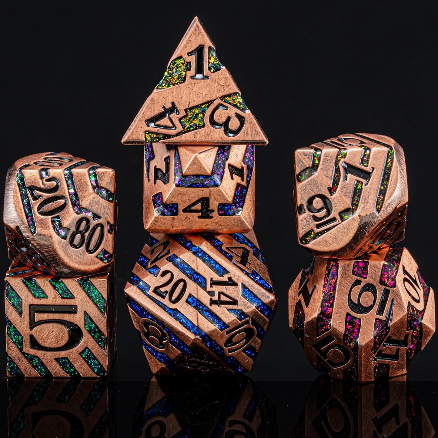 Metallic Glitter Stripes D&D,DND Metal Dice,7pcs Polyhedral Dice Set with Gift Case for D&D Tabletop Game (Antique Red Copper Seven Colors)
