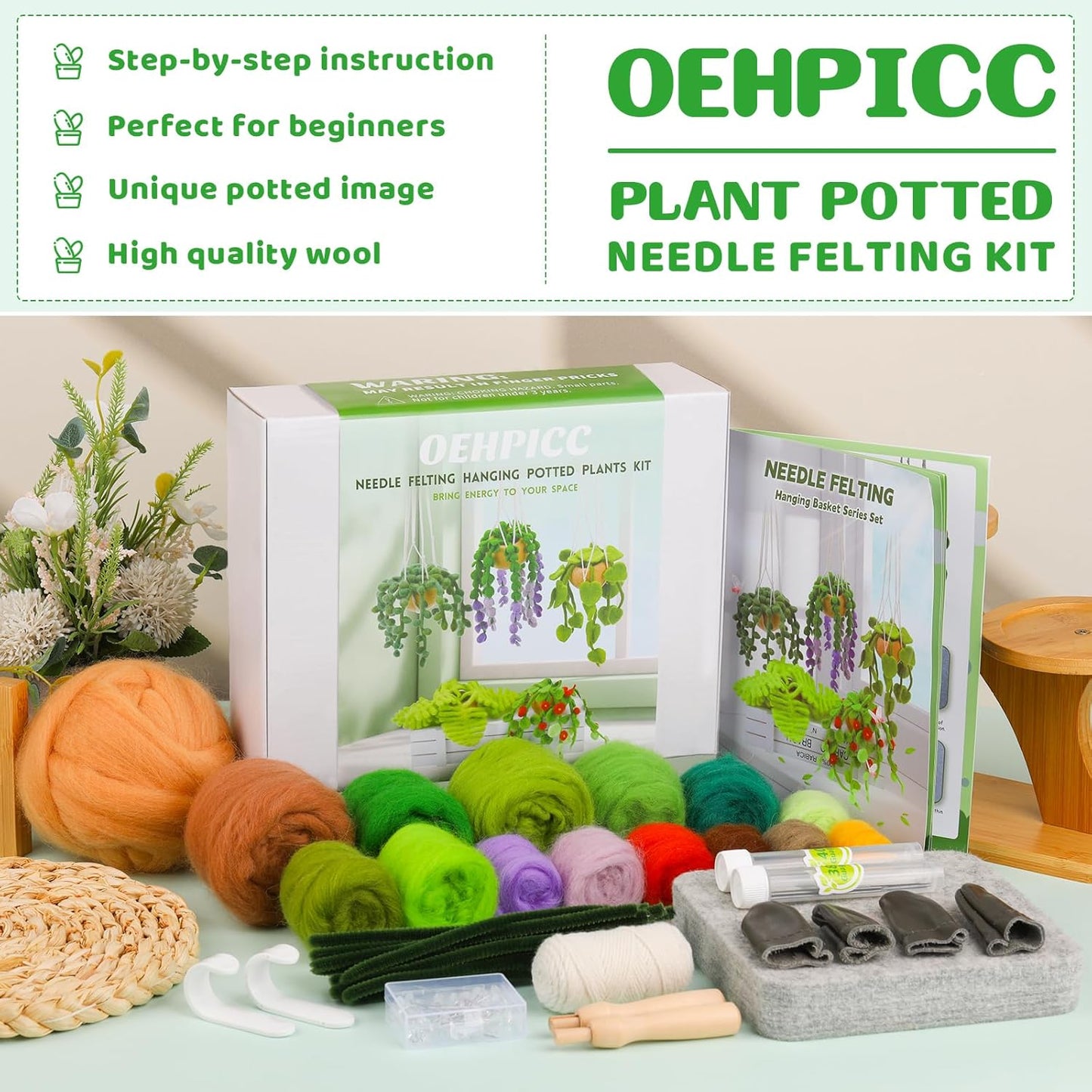 OEHPICC Needle Felting Kit, 5 Pack Hanging Plants Needle Felt Beginner Kit, Including Basic Felting Tools, Instructions, Felt Craft Kit for Indoor Outdoor Office and Home Decor