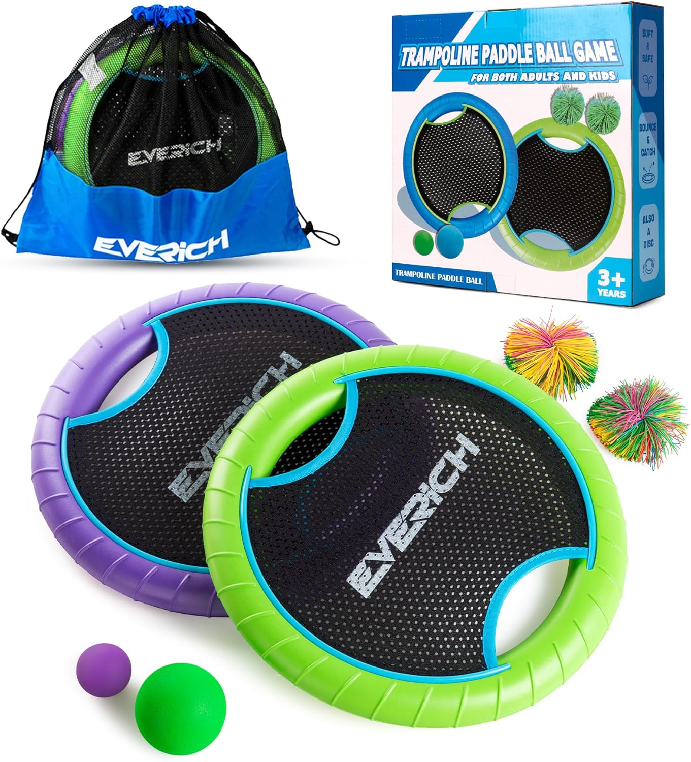 EVERICH TOY Trampoline Paddle Ball Set with 2 Bouncy Paddles & 4 Balls - Soft Foam Design for Kids Play Indoor Outdoor Beach Backyard Lawn - Great Gift Idea for Boys & Girls (Blue & Purple)