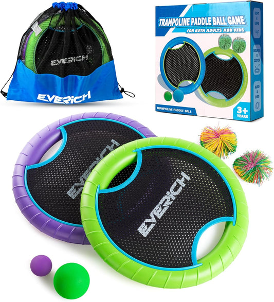 EVERICH TOY Trampoline Paddle Ball Set with 2 Bouncy Paddles & 4 Balls - Soft Foam Design for Kids Play Indoor Outdoor Beach Backyard Lawn - Great Gift Idea for Boys & Girls (Blue & Purple)