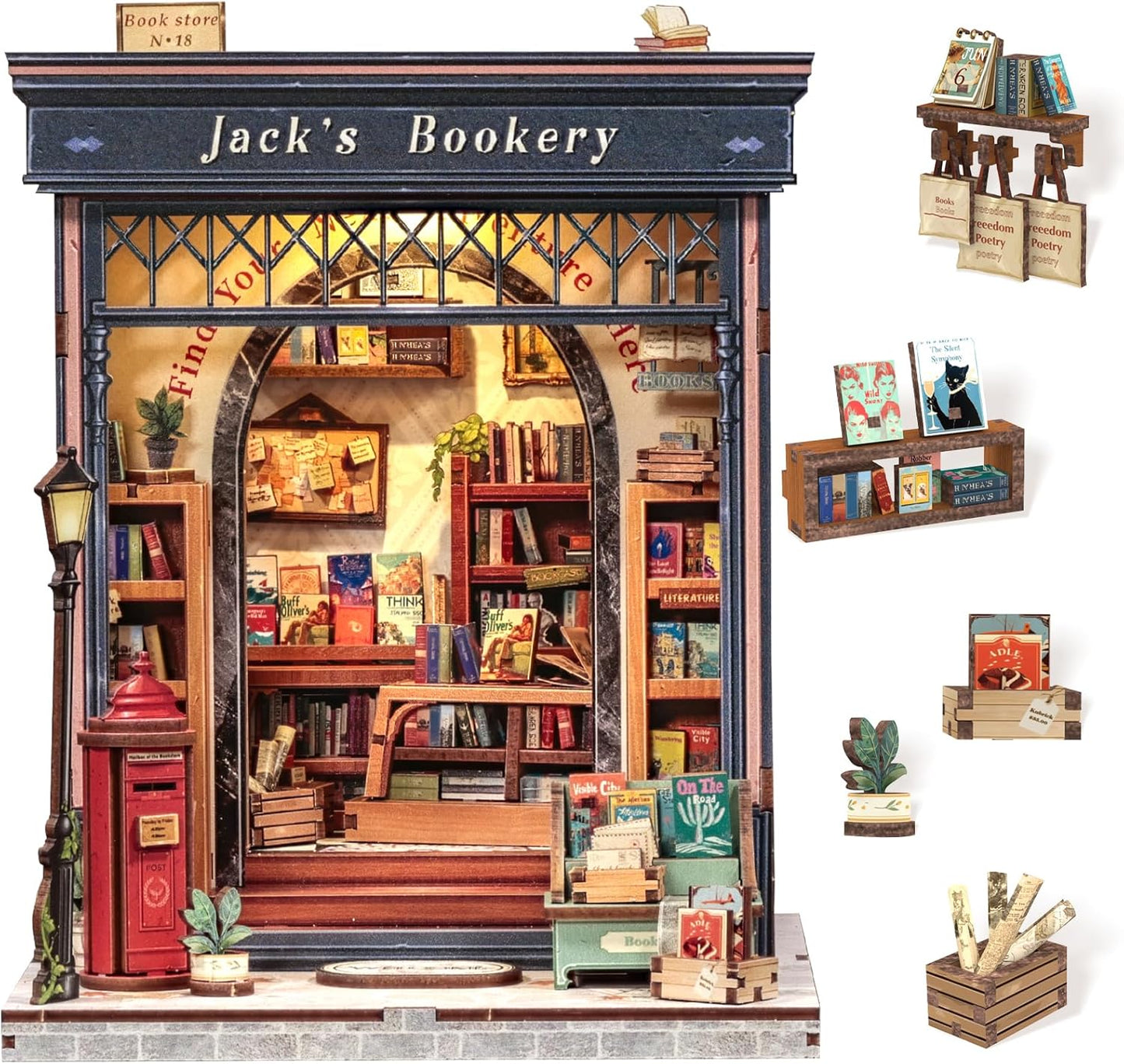 Cutefun Book Nook Kit, DIY Miniature Dollhouse Library Kit for Adults and Teens, Tiny House Building Bookshelf Insert Decor with LED Light, Gifts for Family and Friends (Jack's Bookery)