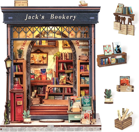 Cutefun Book Nook Kit, DIY Miniature Dollhouse Library Kit for Adults and Teens, Tiny House Building Bookshelf Insert Decor with LED Light, Gifts for Family and Friends (Jack's Bookery)
