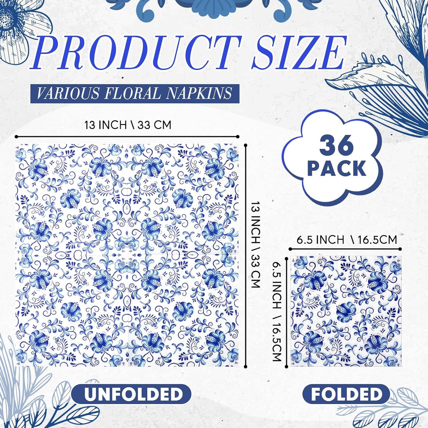 Crtiin 36 Pack 9 Styles Decoupage Napkins Assorted Floral Decorative Decoupage Napkins Chinoiserie Cocktail Paper for DIY Crafting Birthday Party, Each Unfolded 13 Inch(Blue and White Floral)