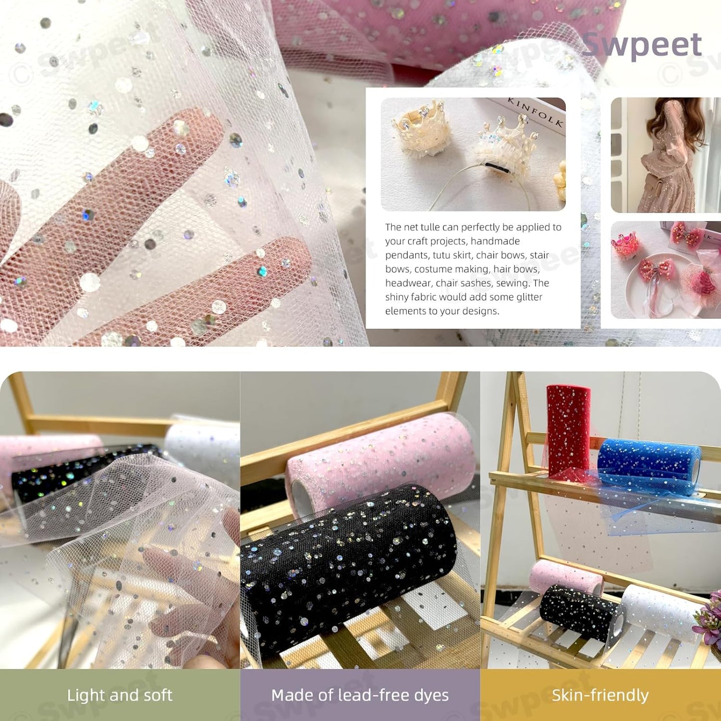 Swpeet 6 Inch by 50 Yards Pink Glitter Tulle Fabric Roll, Fabric Spool Sparkling Tulle Ribbon, Netting Polyester Spool for DIY Birthday Party Wedding Decorations Christmas Craft Supplies