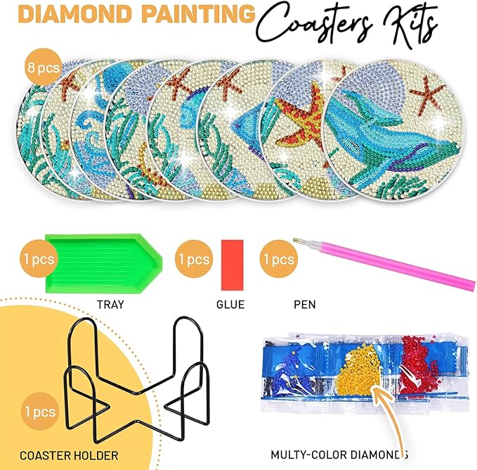 8 pcs Diamond Painting Coasters | Diamond Art Coasters | Ocean Animals Diamond Art Painting | Perfect Art Craft Gift for Ocean Animals Lover, Dad, Mom, Grandparents, Brother, Sister.