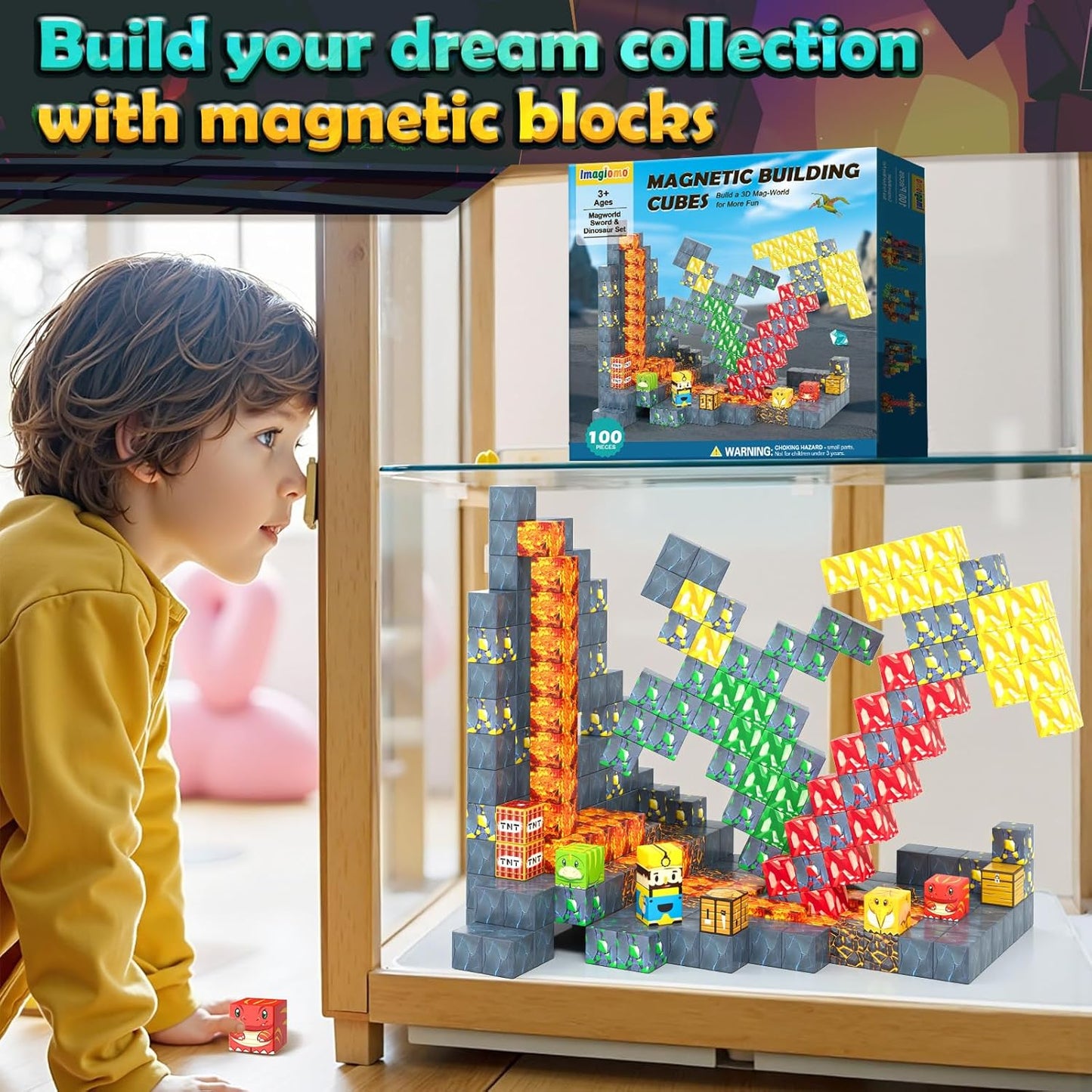 100PCS Magnetic Blocks - Build Mine Magnet World Mine Adventure Set Dinosaur Toys, Creative Jurassic Kids Games for 3-5 5-7 8-12 Boys, Sensory STEM Outdoor Toys for Boys & Girls Birthday Gifts