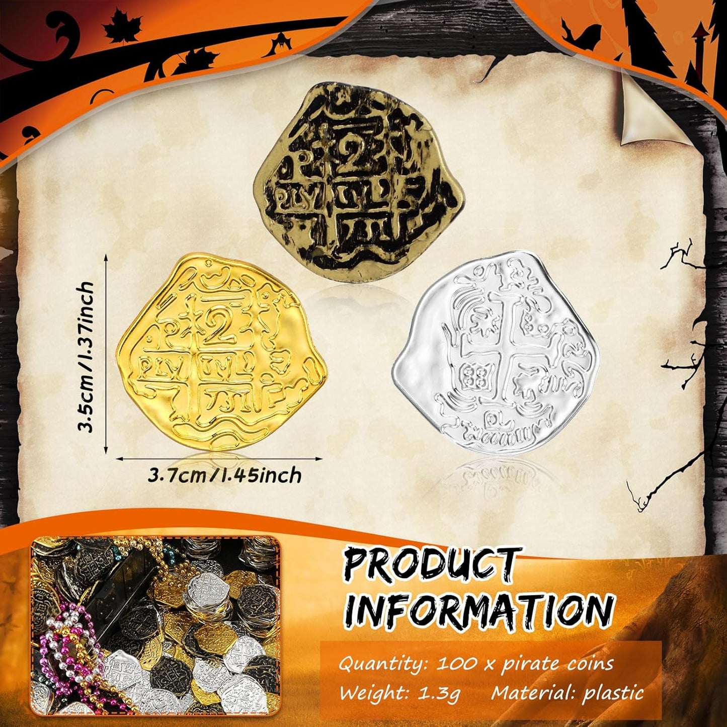 Hanaive 100 Pcs Pirate Coins Plastic Kids Fake Play Coins Replica Spanish Doubloons for Pirate Party Treasure Chest Board Games Tokens Toys Cosplay St. Patrick's(Gold, Silver, Bronze)