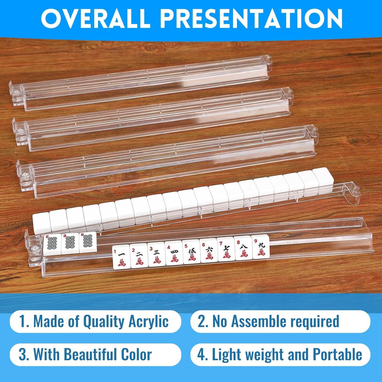 4 PCS Clear Acrylic American Majiang Tile Racks with Pushers,Mahjong All-in-One Tile Rack & Pusher, Modern American Mahjong Tile Racks