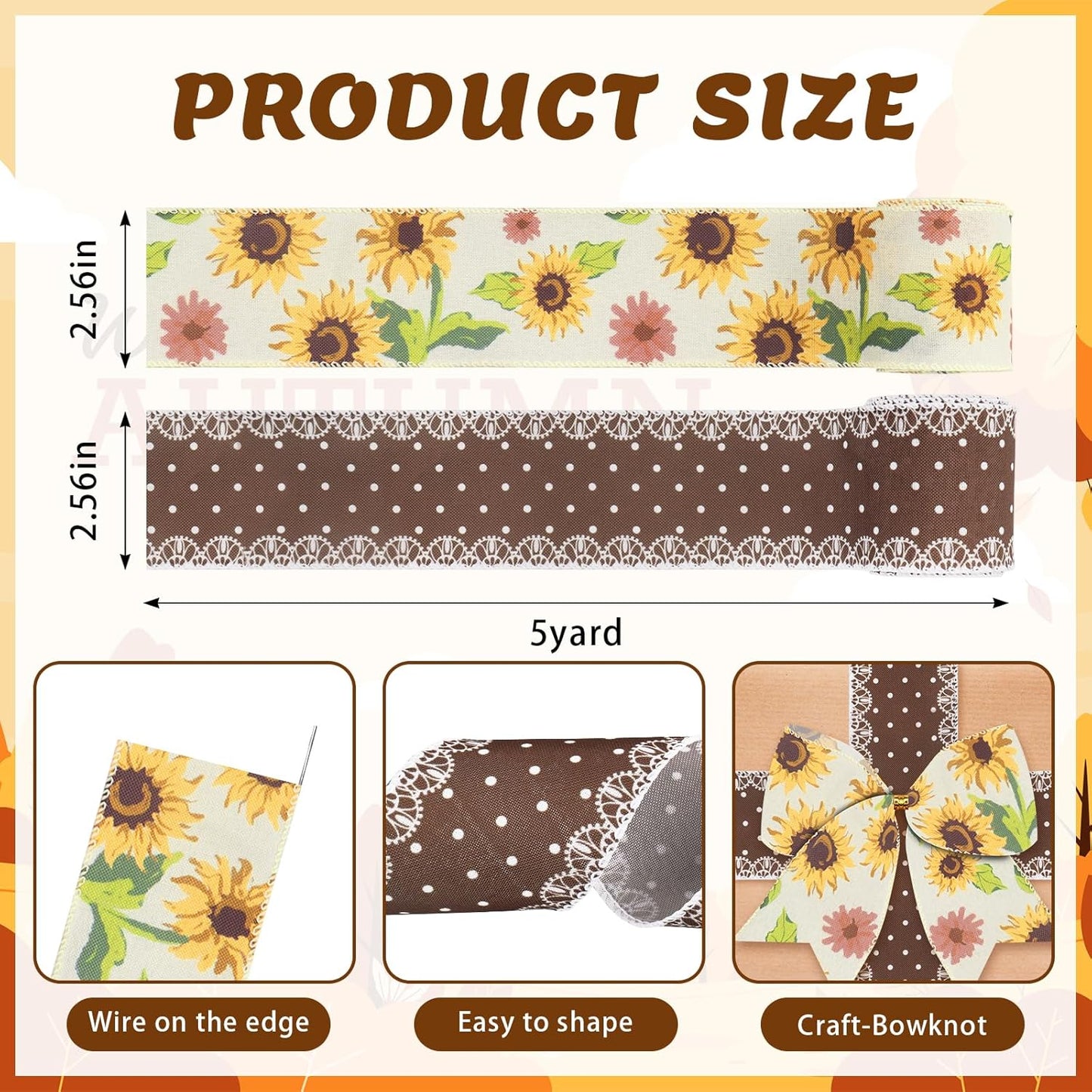 2 Rolls Fall Flowers Craft Ribbons for Wreath Bows, 2.5"×10 Yards Wired Edge Ribbon Rustic Flowers Lace Burlap Ribbons for Crafting Sewing Supplies