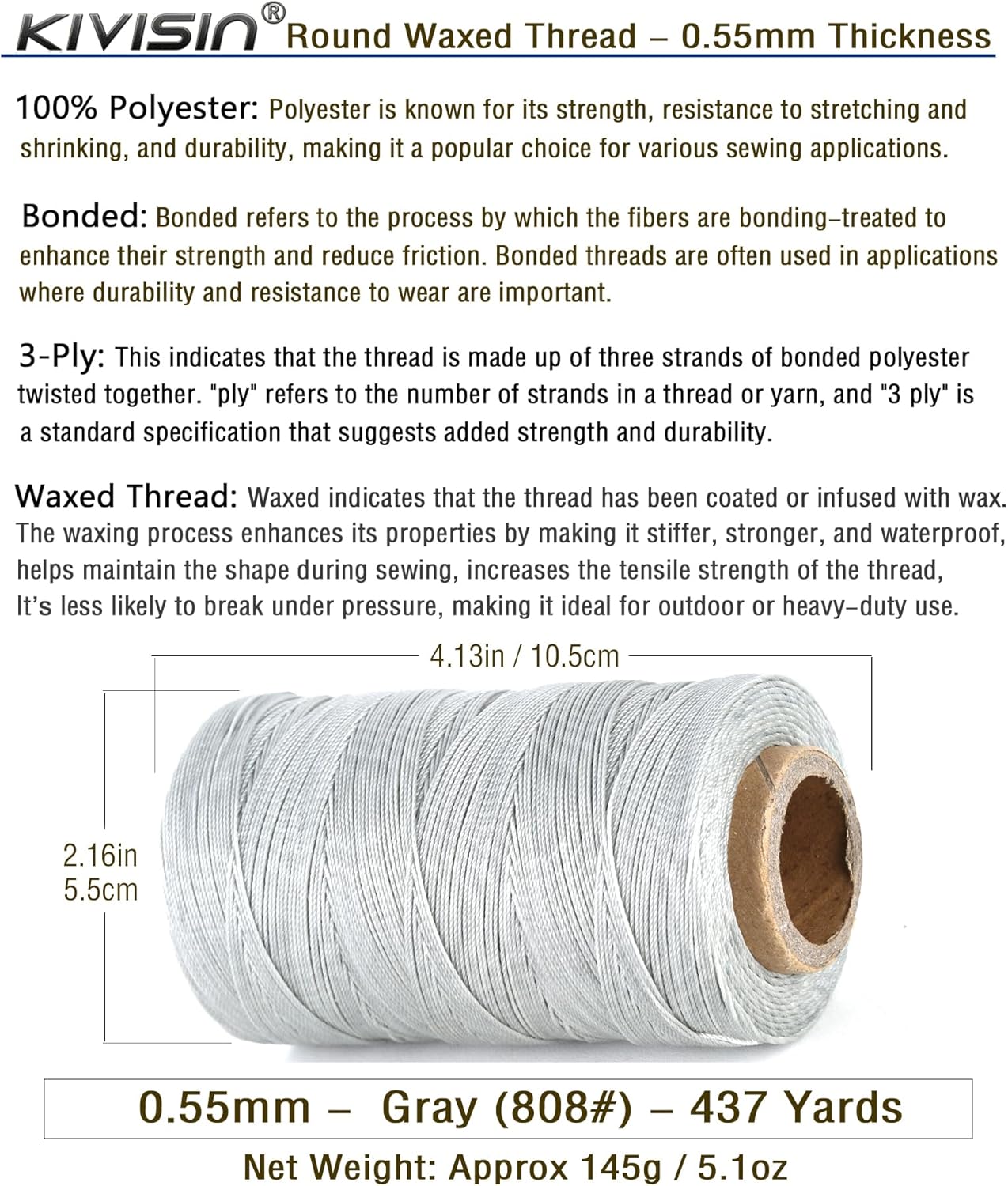 Sturdy Bonded Waxed Polyester Thread, 0.55mm, 437 Yards Wax String Cord - Gray for Leather, Hand Sewing, Stitching, Bookbinding, Beading, Bracelets and Macrame Jewelry Making