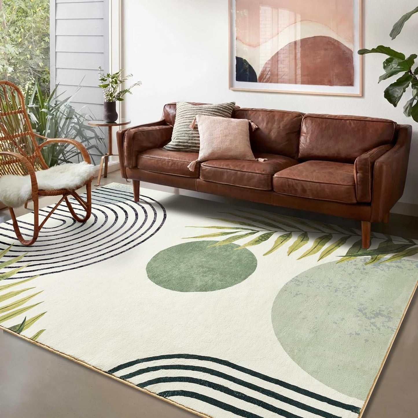RoomTalks Mid Century Modern Washable Rug, Green Boho Cute Aesthetic 4x6 Area Rugs for Bedroom Dining Living Room Kitchen, Abstract Tropical Leaves Non Slip Thin Indoor Entryway Rug Throw Carpet