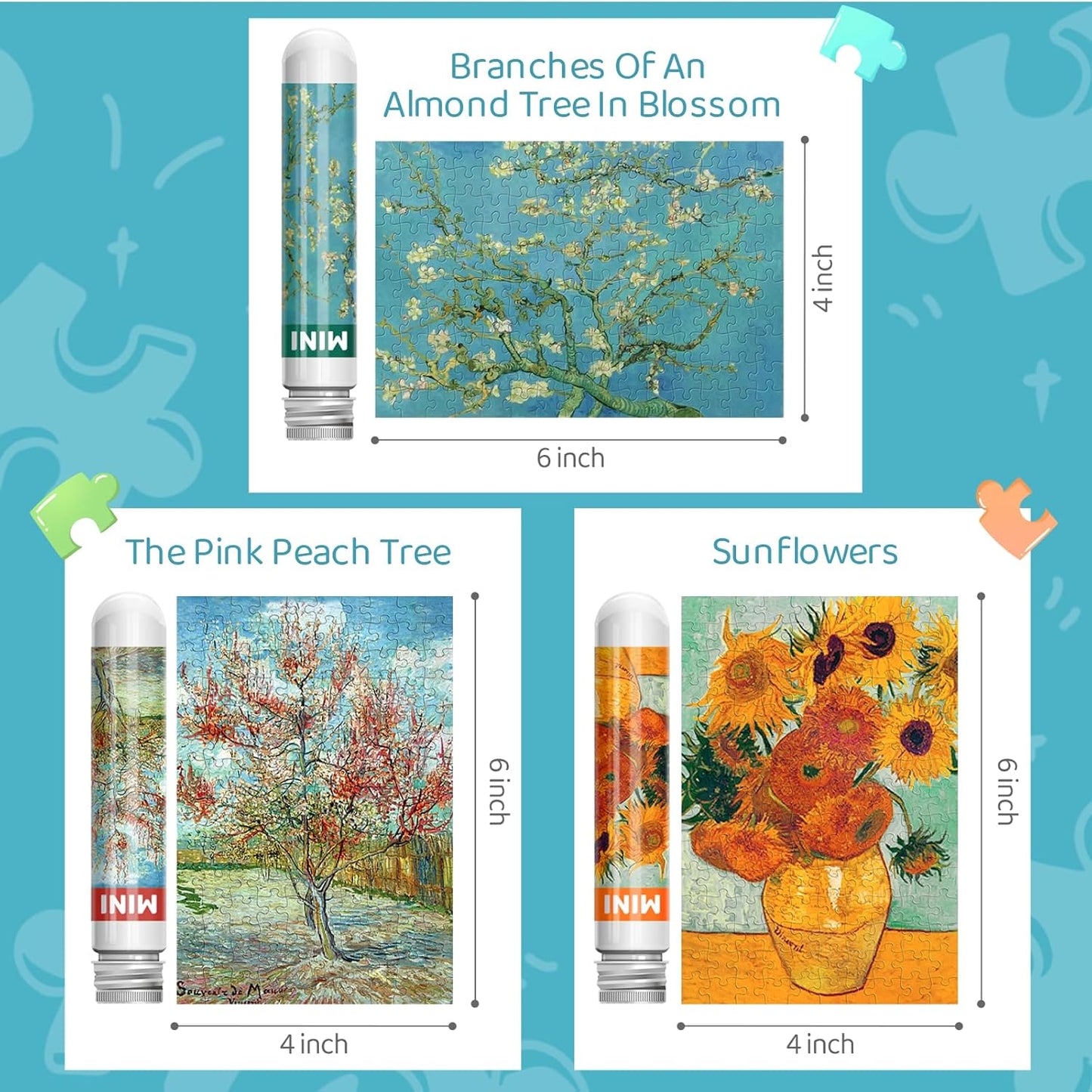 150 Pieces Mini Jigsaw Puzzles for Adults & Kids, 6" x 4" Small Jigsaw Puzzles Capsule Tube Jigsaw Puzzles Intelligent Game, Branches Of An Almond Tree In Blossom The Pink Peach Tree Sunflowers 3 Pack
