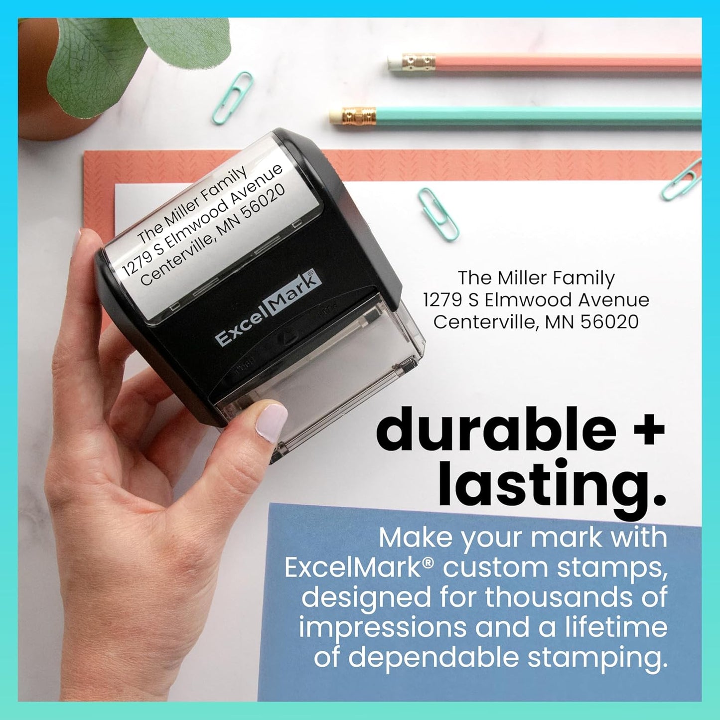 ExcelMark Custom Stamp – Clear & Crisp Impressions – Personalized Self-Inking Rubber Stamp – Use for Address Stamp and More (Extra Large)