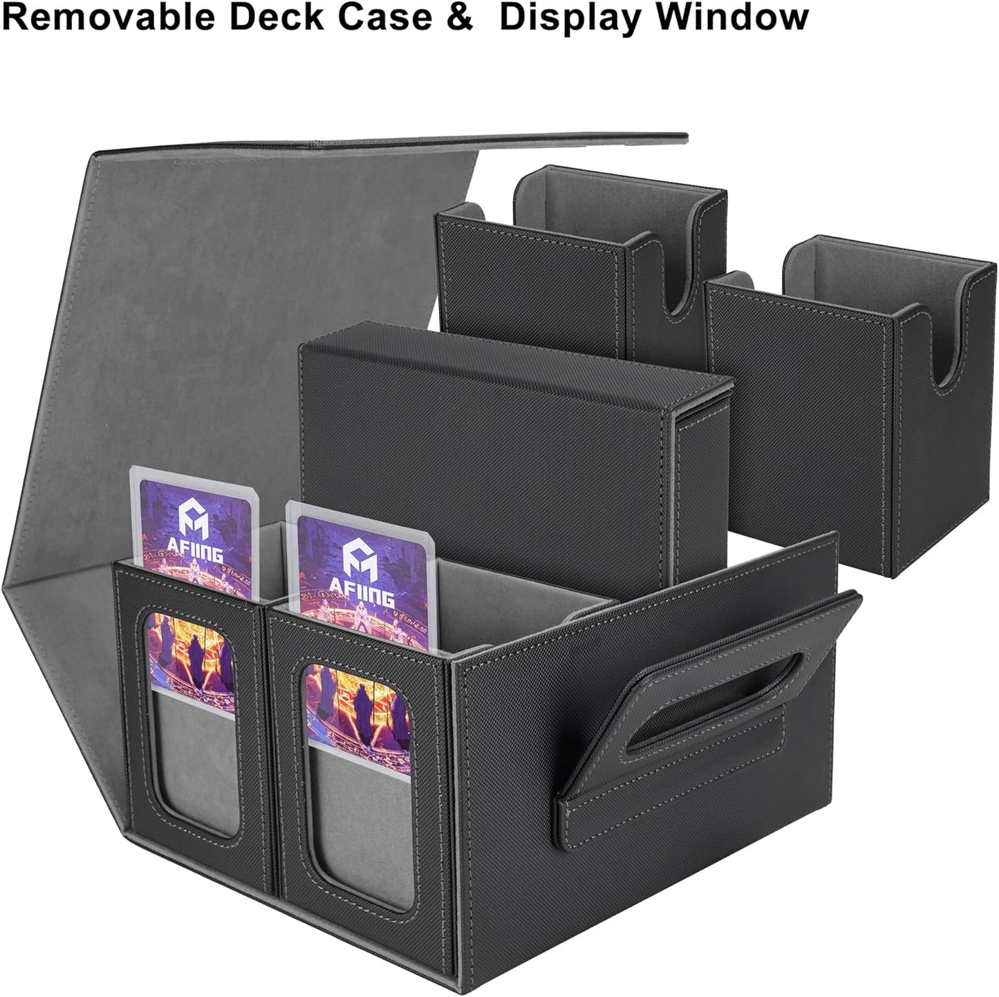 AFIING Commander Deck Box for MTG/EDH, Fits 400+ Double-Sleeved Cards, with Display Window, 4 Removable Deck Cases, Dividers, Dice Tray & Handle, Card Holders for TCG (Black Grey)