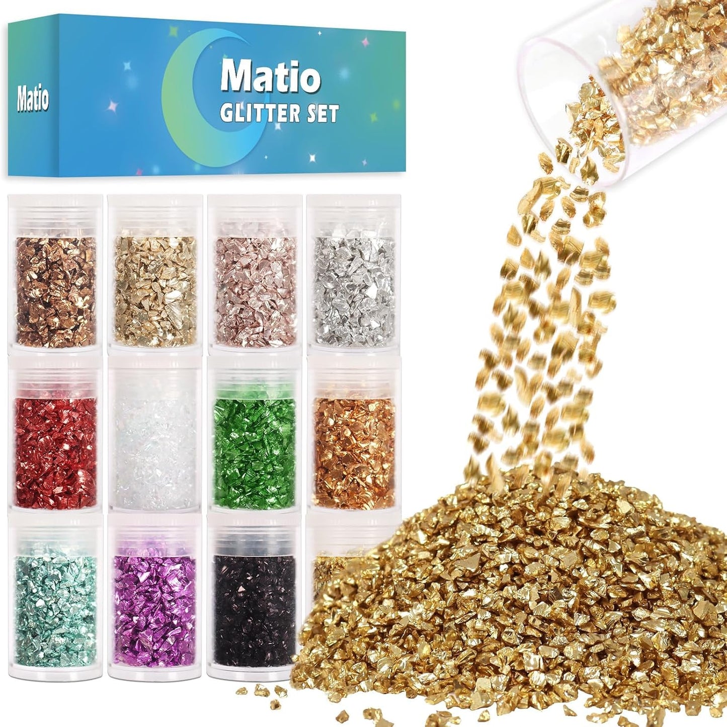 Matio 12 Colors Crushed Glass Irregular Glitter, 4.23oz/ 120g Crushed Broken Glass Sprinkle Chips for Resin Epoxy Jewelry DIY,Shattered Crystal Flakes Sequins for Nail Art Decor Phone Case Vase Filler