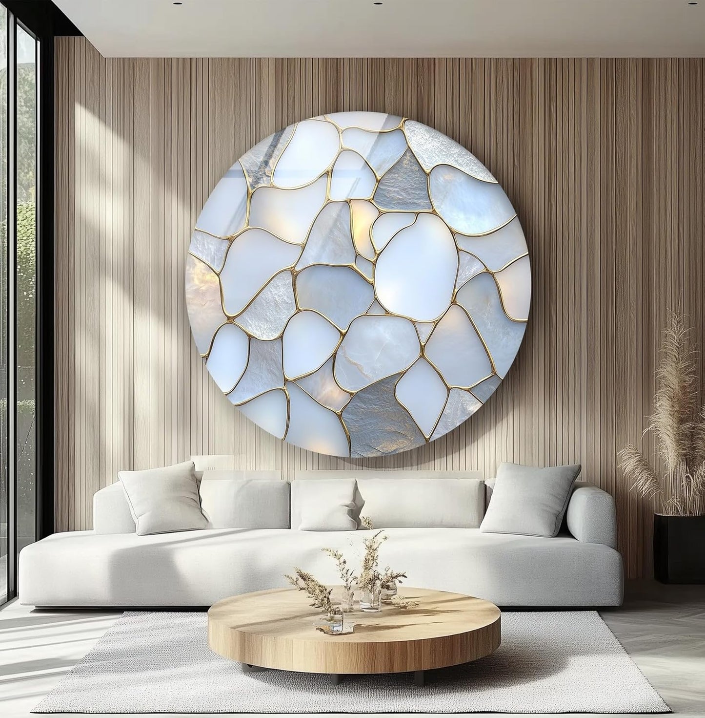 My Photostation.com 39,4''(100cm) Diameter White Stone Mosaic Round Glass Wall Art Tempered Glass Printing Wall Decor Large Wall Art Wall Hangings