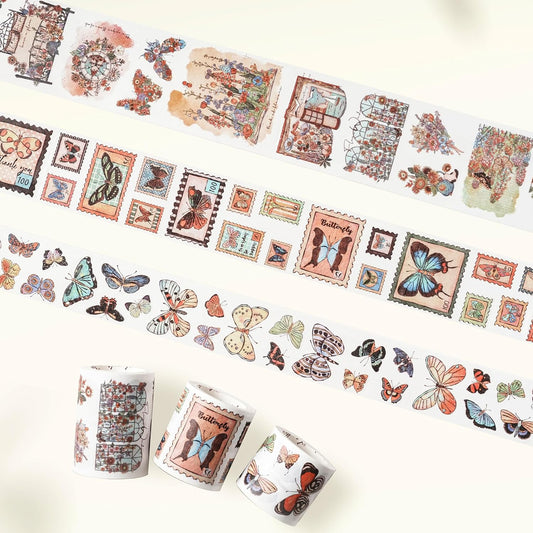 WT Stamped Wings Washi Tape Sticker Set – 3 Rolls Decorative Butterfly & Wing Washi Sticker Tape, Wide Vintage Adhesive Tape for Journaling, Scrapbooking, Planner, DIY Crafts & Wrapping