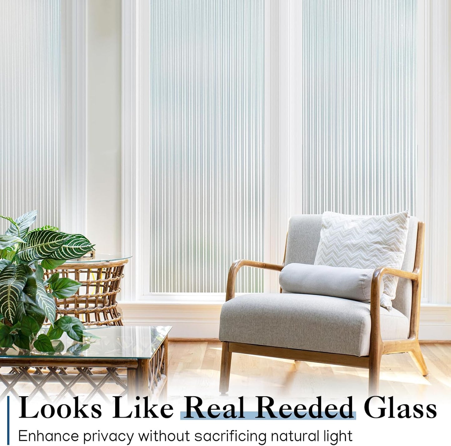 Haton Reeded Glass Window Privacy Film, Frosted Glass Window Film, Static Cling UV Blocking Stickers, Decorative Removable Cover for Bathroom Door Office, Non Adhesive 17.5" x 157.4"