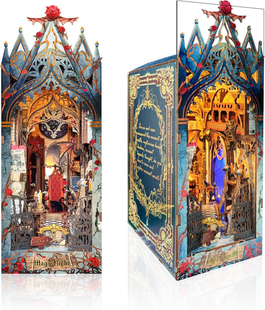 DIY Book Nook Kit,Dollhouse Booknook Bookshelf Insert Decor,3D Wooden Puzzles with LED Dust Cover,Book Nook Miniature Kit,Birthday Halloween Home Decor for Teens Adult-Moonlight Castle