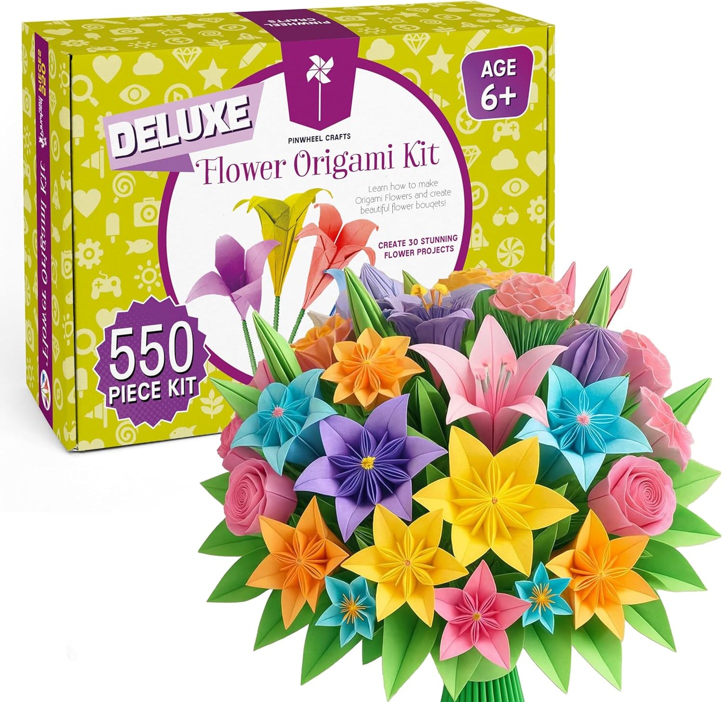 Pinwheel Crafts Origami Papers Kit - Multicolor Flower Origami Kit for Kids,Teens and Adults Ages 6 7 8 9 10 11 12+, Arts and Paper Crafts for Kids 550 Pcs - Fun Foldable Gift