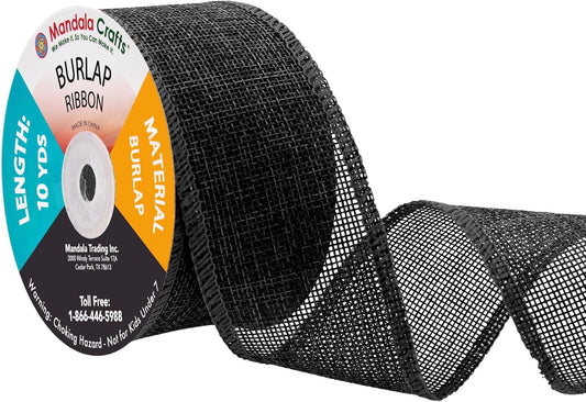 Mandala Crafts Black Burlap Ribbon 2 Inches Wide Jute Ribbons for Crafts - 20 Yds Roll Rustic Burlap Wrap Trim Ribbons for Wreaths Bows Wedding Party Decoration