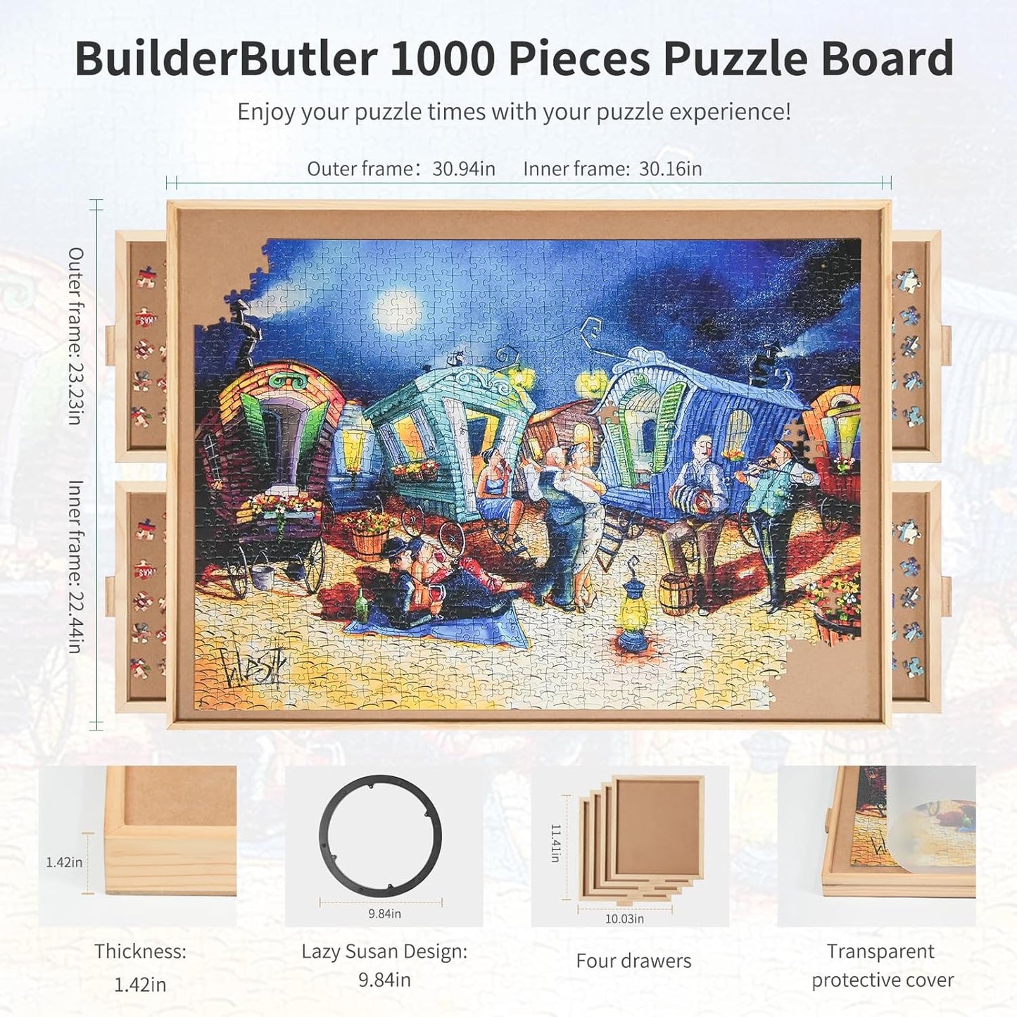1000 Pieces Rotating Puzzle Board with 4 Drawers,30.16"x22.44" Portable Wooden Jigsaw Puzzle Table with Lazy Susan Spinning Cover for Adults