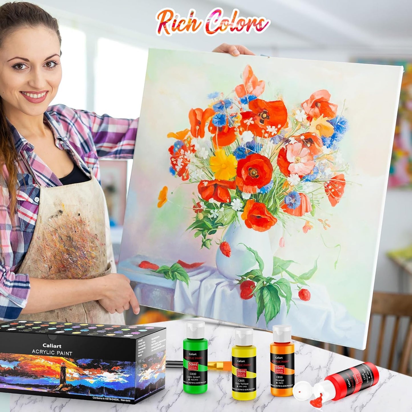 Caliart Acrylic Paint Set with 12 Brushes, 72 Colors (59ml, 2oz) Art Craft Paints Gifts for Artists Adults Beginners Painters, Halloween Pumpkin Canvas Ceramic Rock Painting Kit Art Supplies