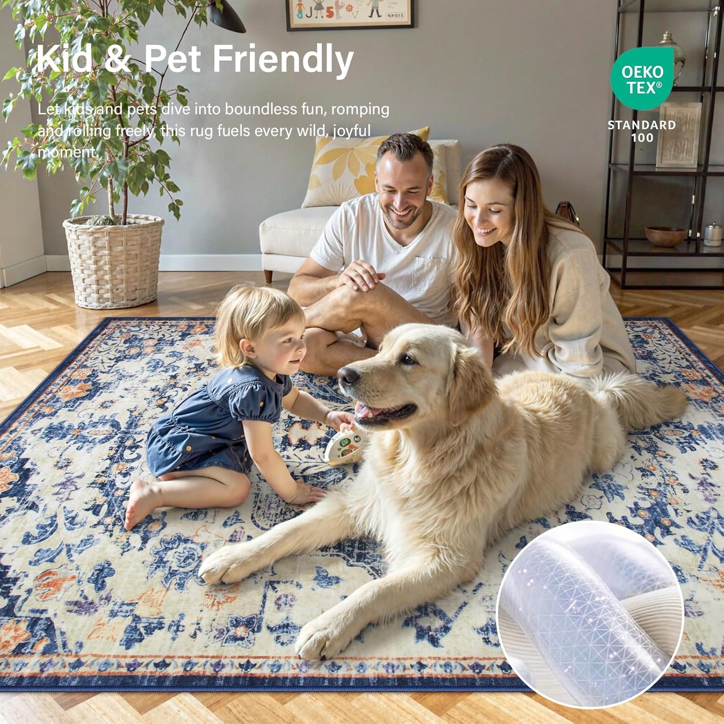 Lahome Round Rug 5'3"Ft, Large Washable Dining Room Round Area Rug Soft Kitchen Circle Rug, Bohemian Non-Slip Non-Shedding Printed Indoor Carpet for Bedroom Entryway Bathroom, Blue Purple/Multi