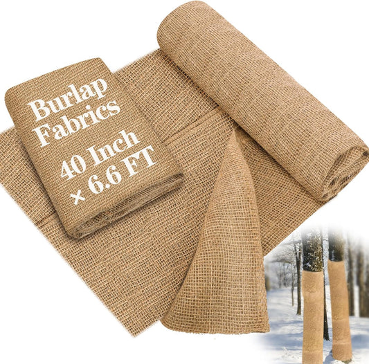Buryeah 40 Inch x 6.6 ft Burlap Fabrics Roll Natural Jute Burlap Garden Tree Wrap Outdoor Weed Barrier DIY Fall Halloween Craft Winter Frost Plant Landscape Blankets Cloth for Plant Gardening Shrubs