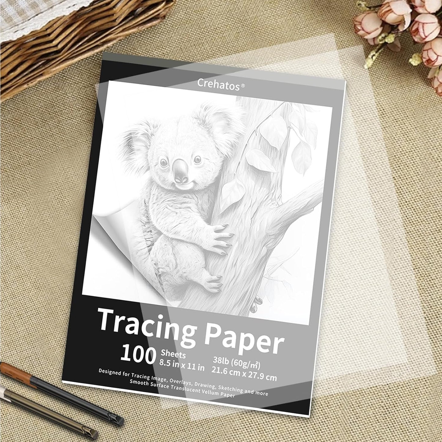 Crehatos 8.5" x 11" Tracing Paper, Translucent Tracing Pad, 100 Sheets 38lb/60gsm Vellum Art Paper