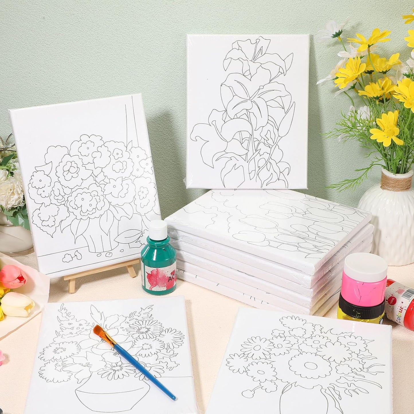 Zhanmai 12 Pack Pre Drawn Canvas for Painting Sip and Paint Kit 8" x 10" Paint Party Set Canvas Painting Pre Printed Canvases for Party Favor DIY Virtual Adult's Date Night(Plant)