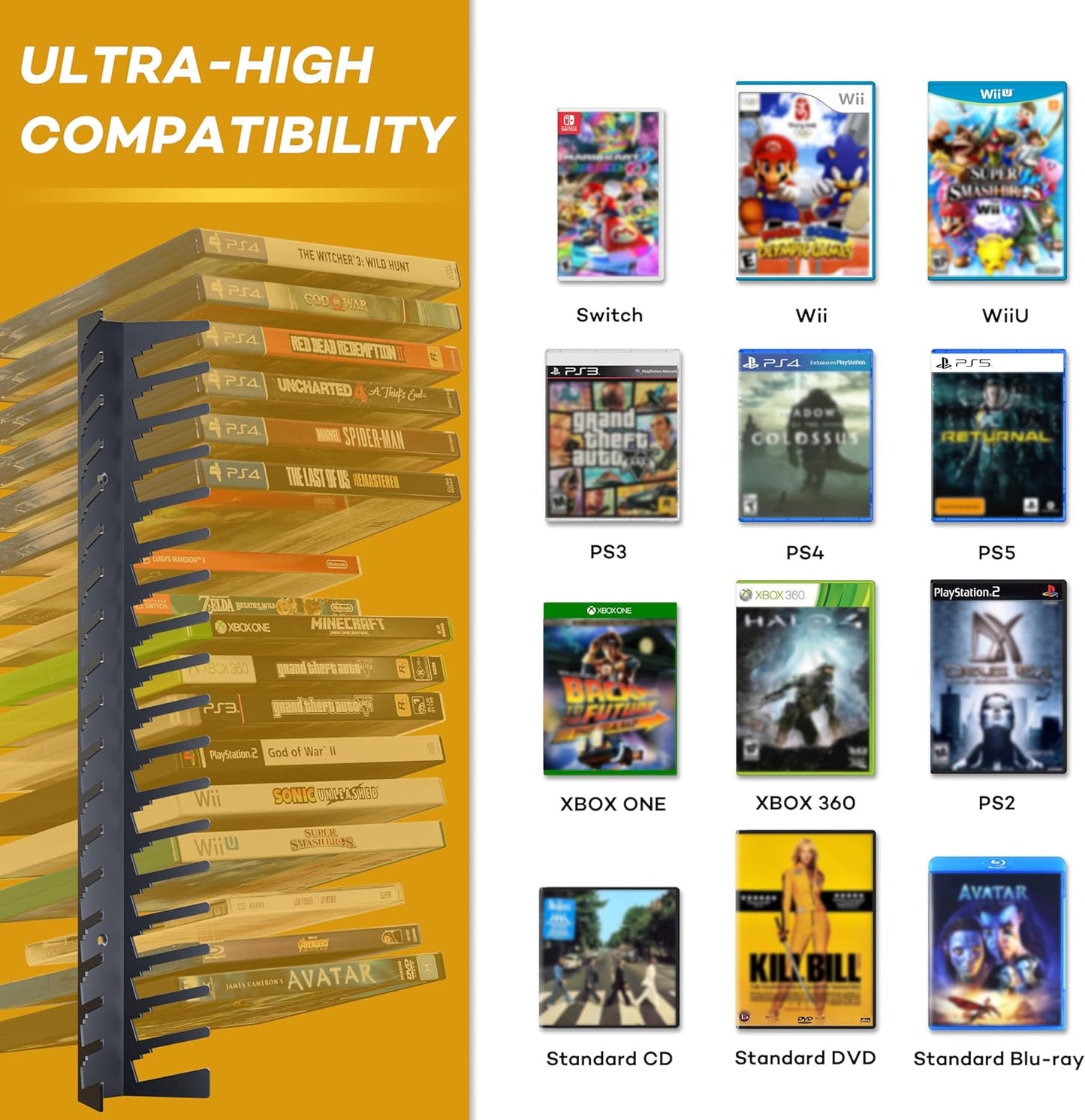 Funturbo Video Game Storage Wall Mount Game Case Holder, Metal Wall Mounted Media Storage Shelves for PS, Xbox, Switch Game Organizer (4-Pack)