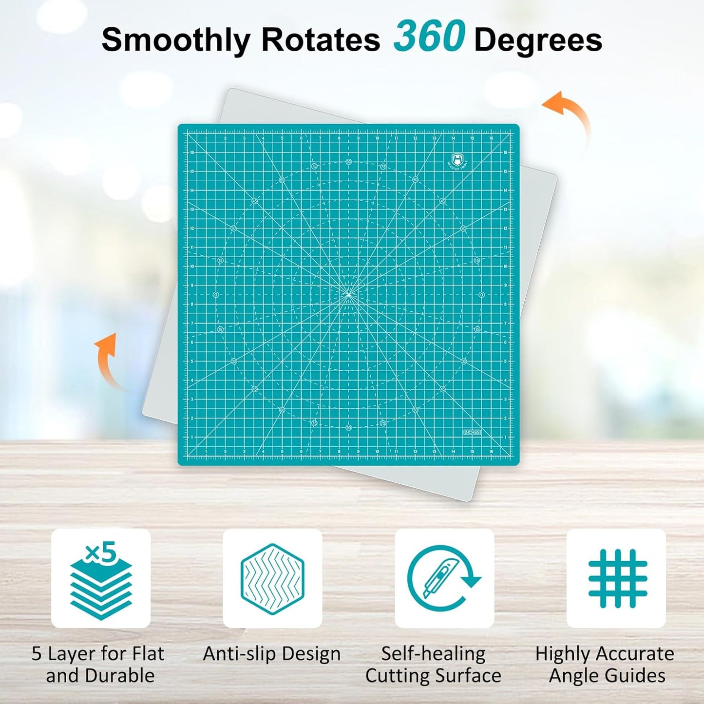 Headley Tools 17"x17" Rotating Cutting Mat, Self Healing Mat with 360-Degree Rotation & Anti-Slip Base, Sewing Board Cutting Mat Perfect for Fabric Quilting Leather Hobby Project, Turquoise