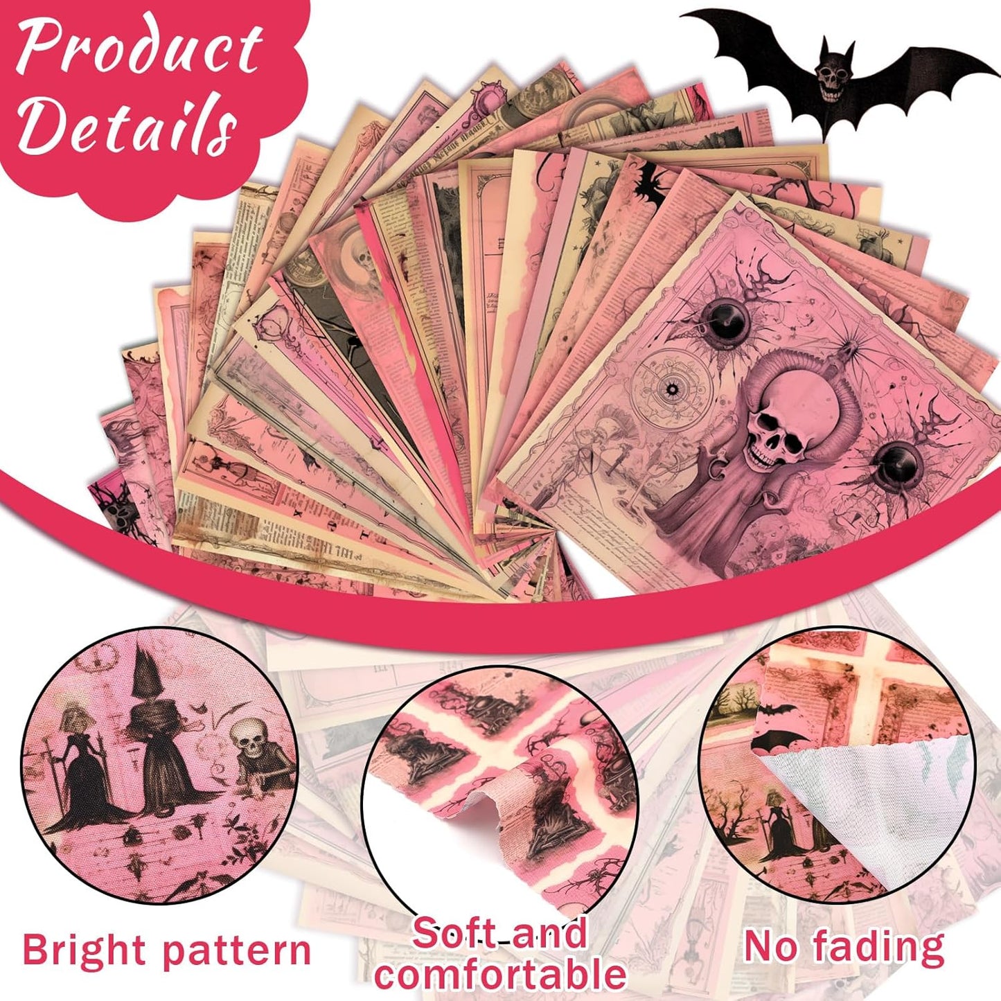 Ganeen 60 Pcs 10 x 10 Inch Pink Halloween Quilting Fabric Squares Vintage Pink Ghost Fat Patchwork Precut Strips Retro Bat Skull Fabric Bundles for Holiday DIY Craft Sewing Quilt Material Handmade
