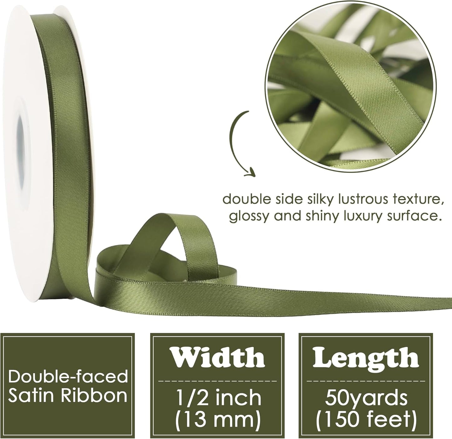 HUIHUANG Moss Green Satin Ribbon 1/2 inch X 50 Yards Continuous, Green Double-Faced Satin Ribbon for Gift Wrapping, Bows, DIY Crafts, Flower Bouquet, Wedding Bridal Shower Decor