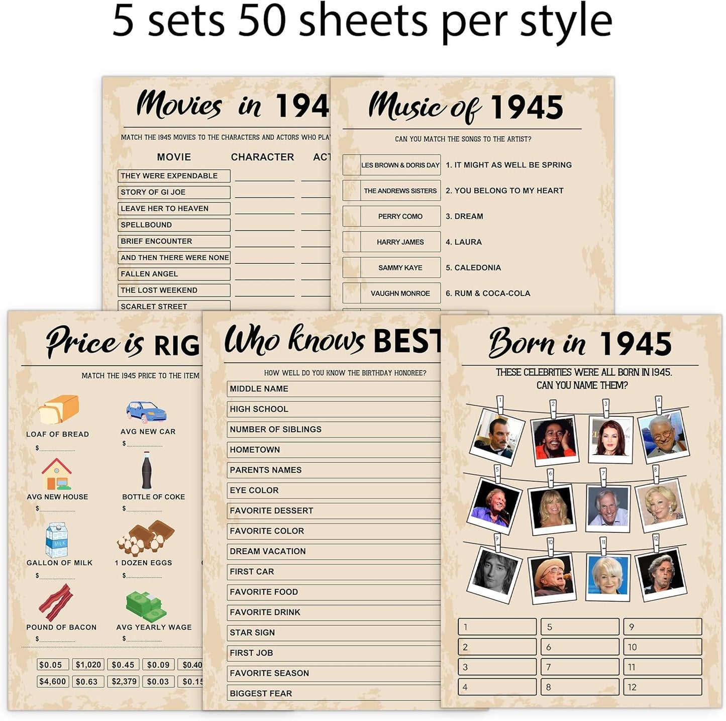 80th Birthday Party Games, Born in 1945 Games Bundle, Set of 5 Activities for 10 Guests, Birthday Party Supplies for Adults, Pack of 50 Cards