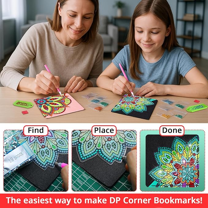 8 PCs Christmas Diamond Art Corner Bookmarks Leather Dimond Painting Book Mark Kit for Adults Paint by Dots Bookmarkers Craft DIY Gem Small Dotz Gifts for Women Mandala Flower Black Lotus