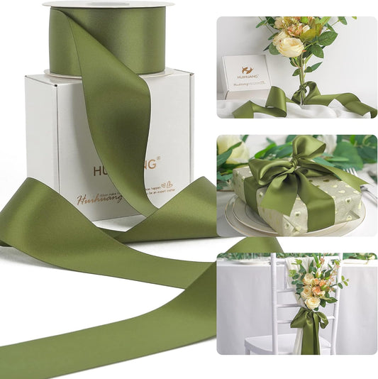 HUIHUANG Moss Green Ribbon 2 inch Double Face Green Satin Ribbon Olive Green Ribbon for for Flower Bouquet Wrap, Wedding Invitations Card, Gift Wrapping, Holiday Decor, Bows Crafts -25 Yards/Roll